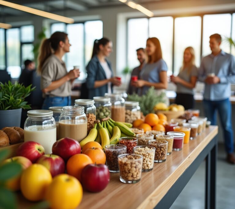 Break room stocked with fresh fruit and nuts in glass jars