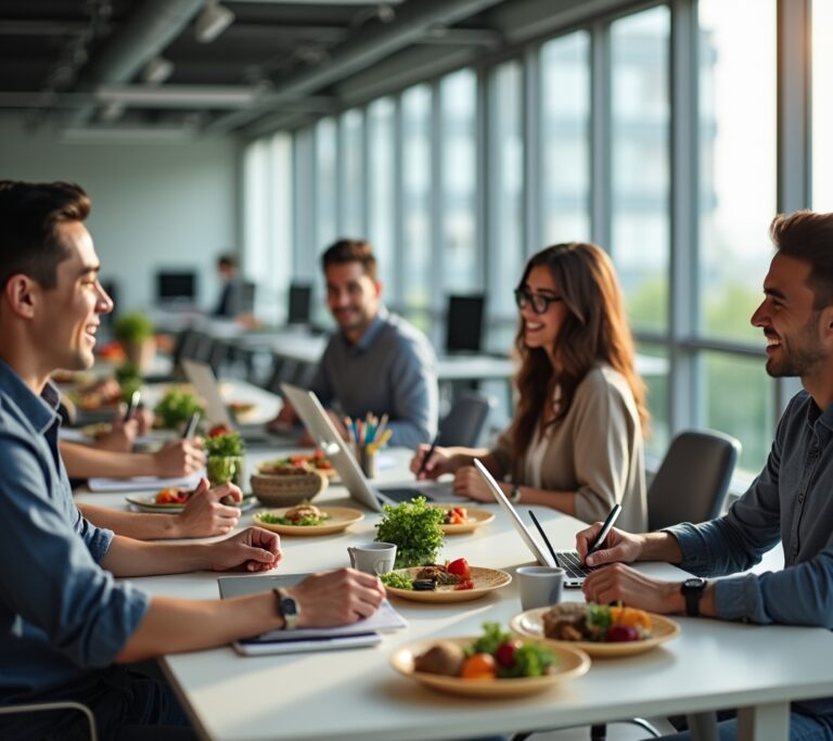 Employees eating together in a bright company cafeteria