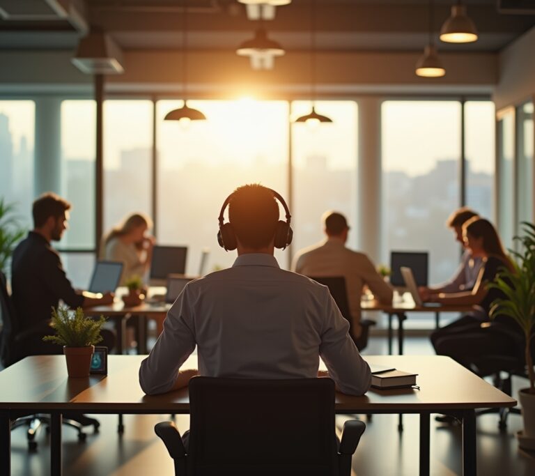 Employee wearing noise-canceling headphones in an open office