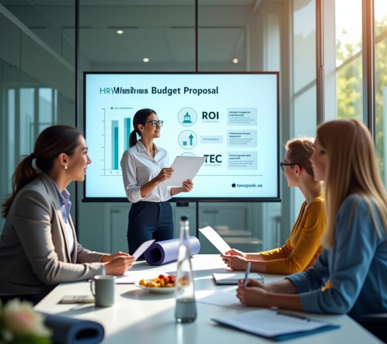 HR director presenting a wellness budget to a finance team