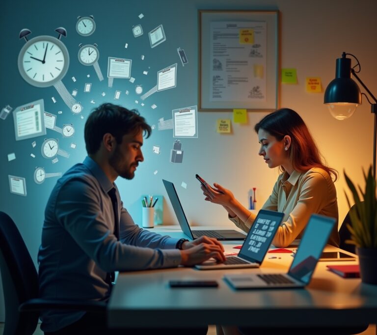 Employee juggling multiple screens and a phone call at a desk