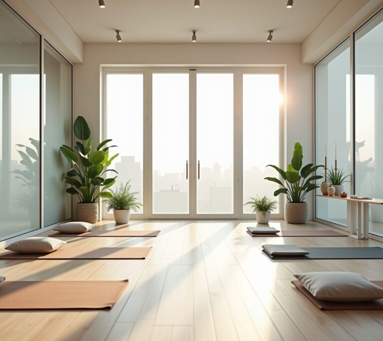 Minimalist meditation room with cushions and soft lighting