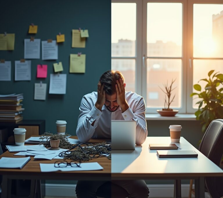 Messy desk covered in papers and random supplies