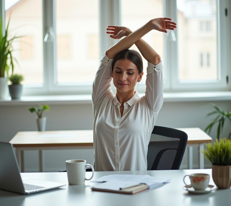 Employee doing a neck stretch at their desk