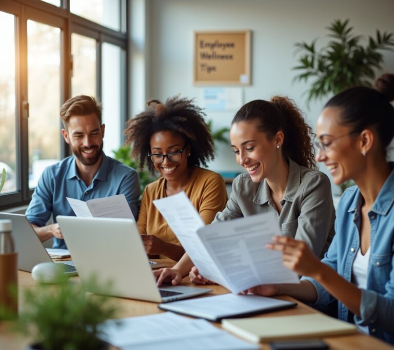 Employee reading a wellness newsletter on a phone at a desk