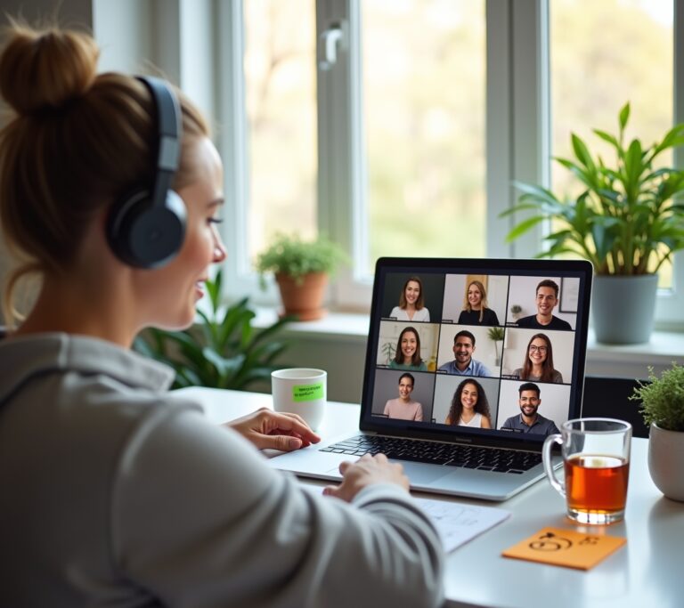 Employee rubbing eyes after a long video call at home