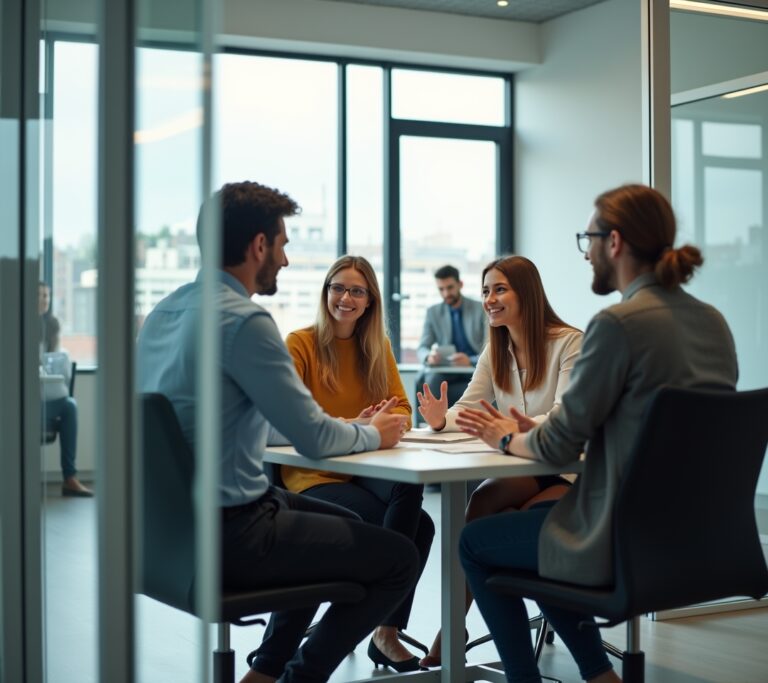 Two coworkers having a supportive coffee chat in a lounge