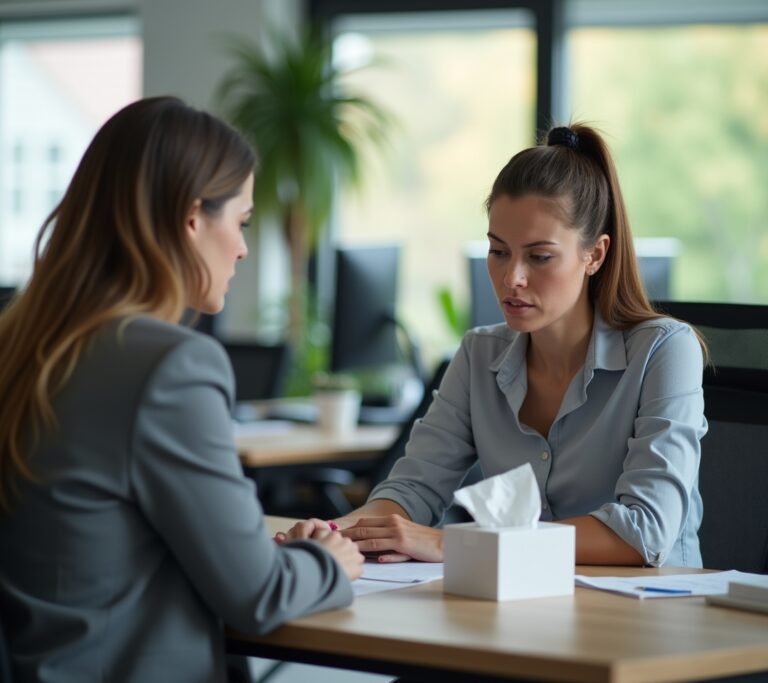 Manager placing a supportive hand on a colleague's shoulder