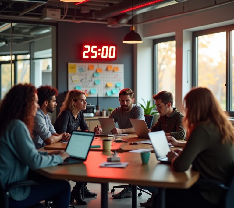 Team timer displayed on a large monitor in an open office