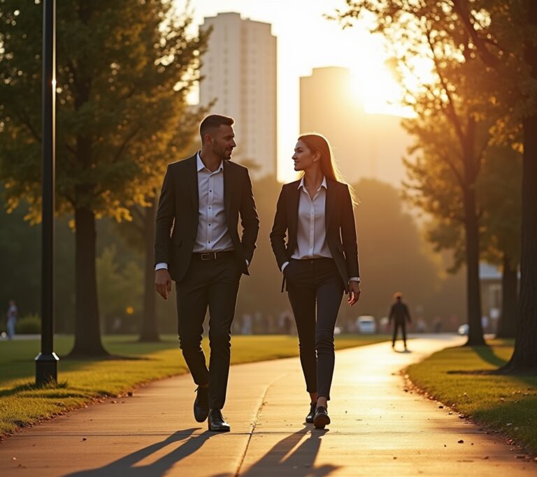 Two colleagues having a walking meeting in a park near an office