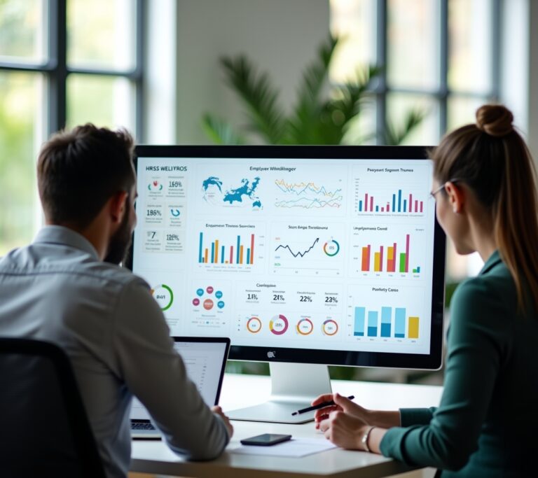 HR analyst reviewing wellbeing survey results on a screen