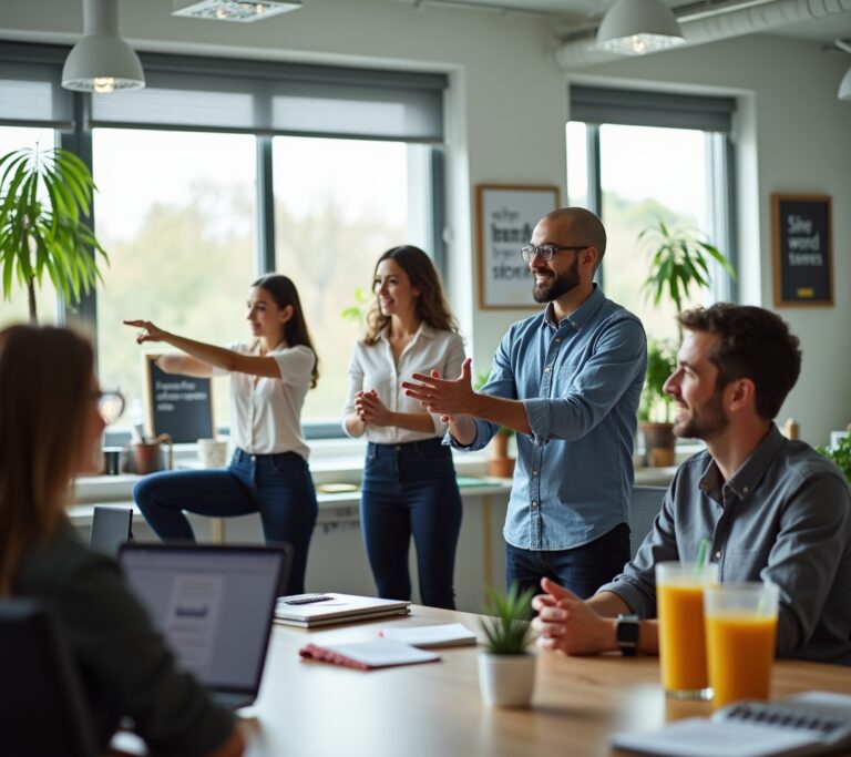 Employees checking a wellness challenge leaderboard on a screen