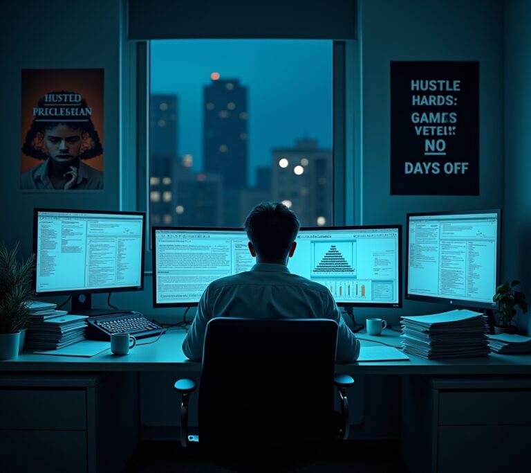 Employee working late alone in a dark office