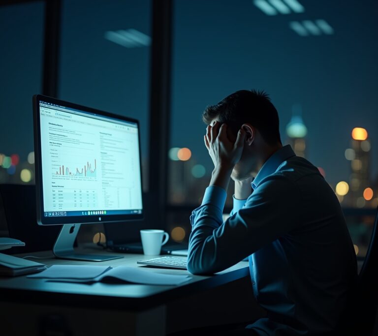 Employee looking worried while reviewing bills on a phone