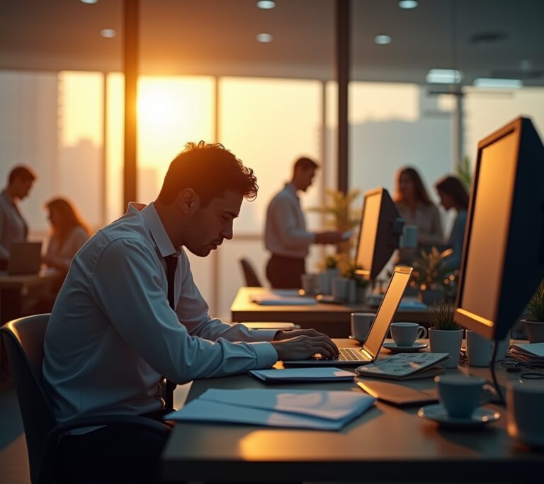 Tired employee yawning during a morning standup meeting
