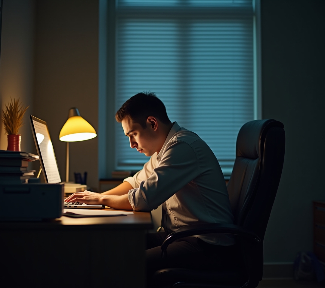 Employee squinting under harsh fluorescent office lights